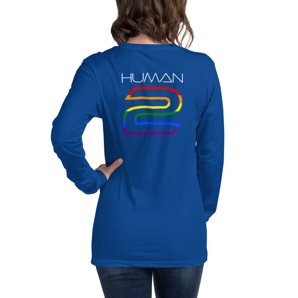 Human 2 Back White Graphic LGBTQ+ Gay Pride Women's Long Sleeve T-Shirt