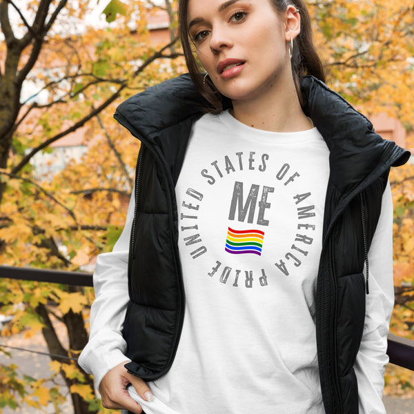 Maine LGBTQ+ Gay Pride Large Front Circle Graphic Unisex Long Sleeve T-Shirt