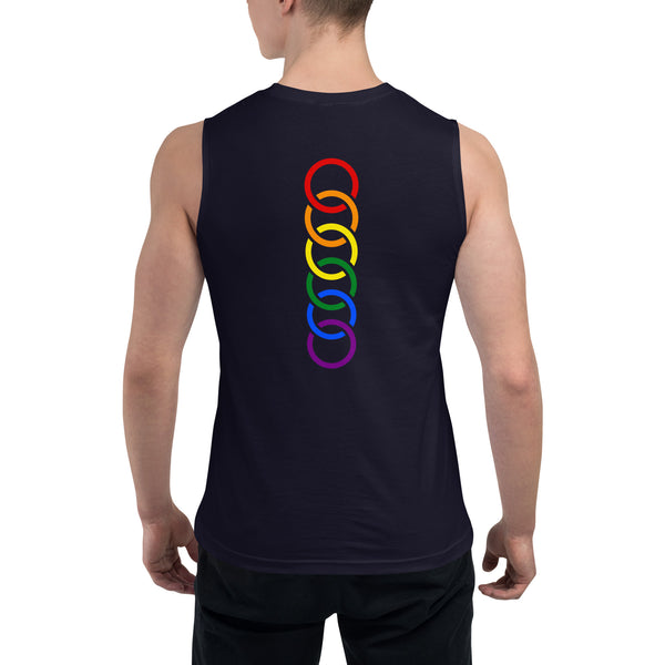 Gay Pride Rainbow Vertical Circles Back Graphic LGBTQ+ Unisex Muscle T-Shirt