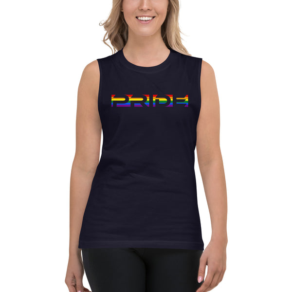 LGBTQ+ Rainbow Gay Pride Flag Horizontal Front Large Transparent Graphic Women's Muscle T-Shirt