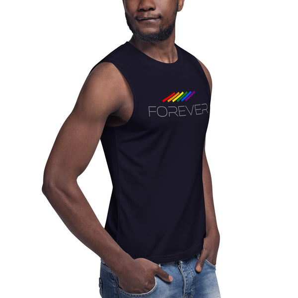 Forever Proud LGBTQ+ Gay Pride Tilted Lines Graphic Unisex Muscle T-Shirt