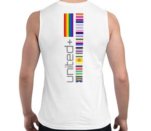 United Pride Vertical Back Center Graphic LGBTQ+ Unisex Muscle T-Shirt