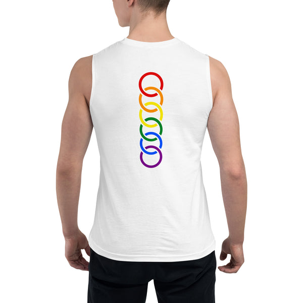 Gay Pride Rainbow Vertical Circles Back Graphic LGBTQ+ Unisex Muscle T-Shirt