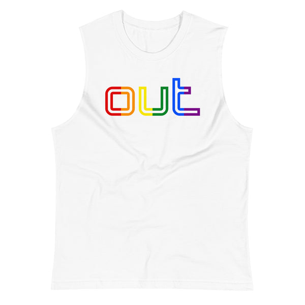 Gay Pride Rainbow Out Front Graphic LGBTQ+ Unisex Muscle T-Shirt