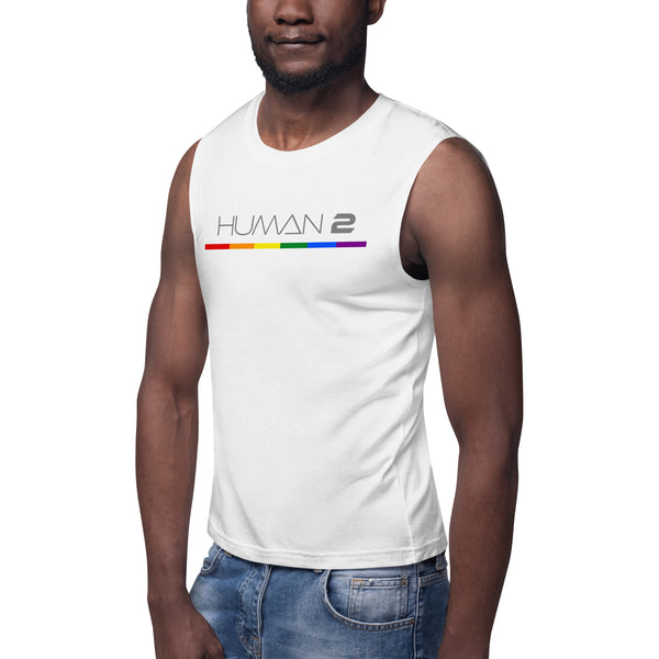 Human 2 Single Stripe LGBTQ+ Gay Pride Flag Horizontal Front Large Graphic Men's Muscle T-Shirt