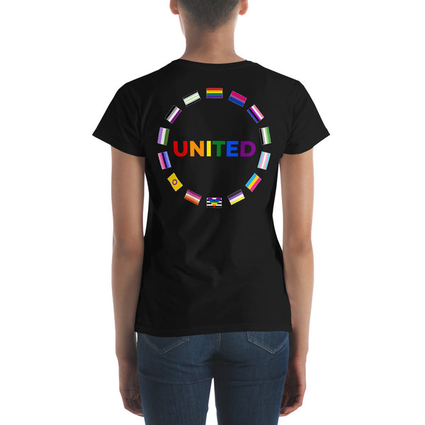 United Pride Graphic Circle on Back LGBTQ+ Women's Short Sleeve T-Shirt