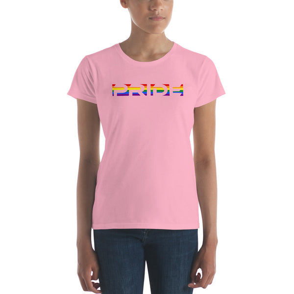 LGBTQ+ Rainbow Gay Pride Flag Horizontal Front Large Transparent Graphic Women's Short Sleeve T-Shirt