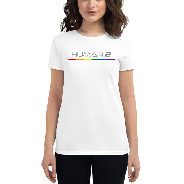 Human 2 Single Stripe LGBTQ+ Gay Pride Flag Horizontal Front Large Graphic Women's Short Sleeve T-Shirt